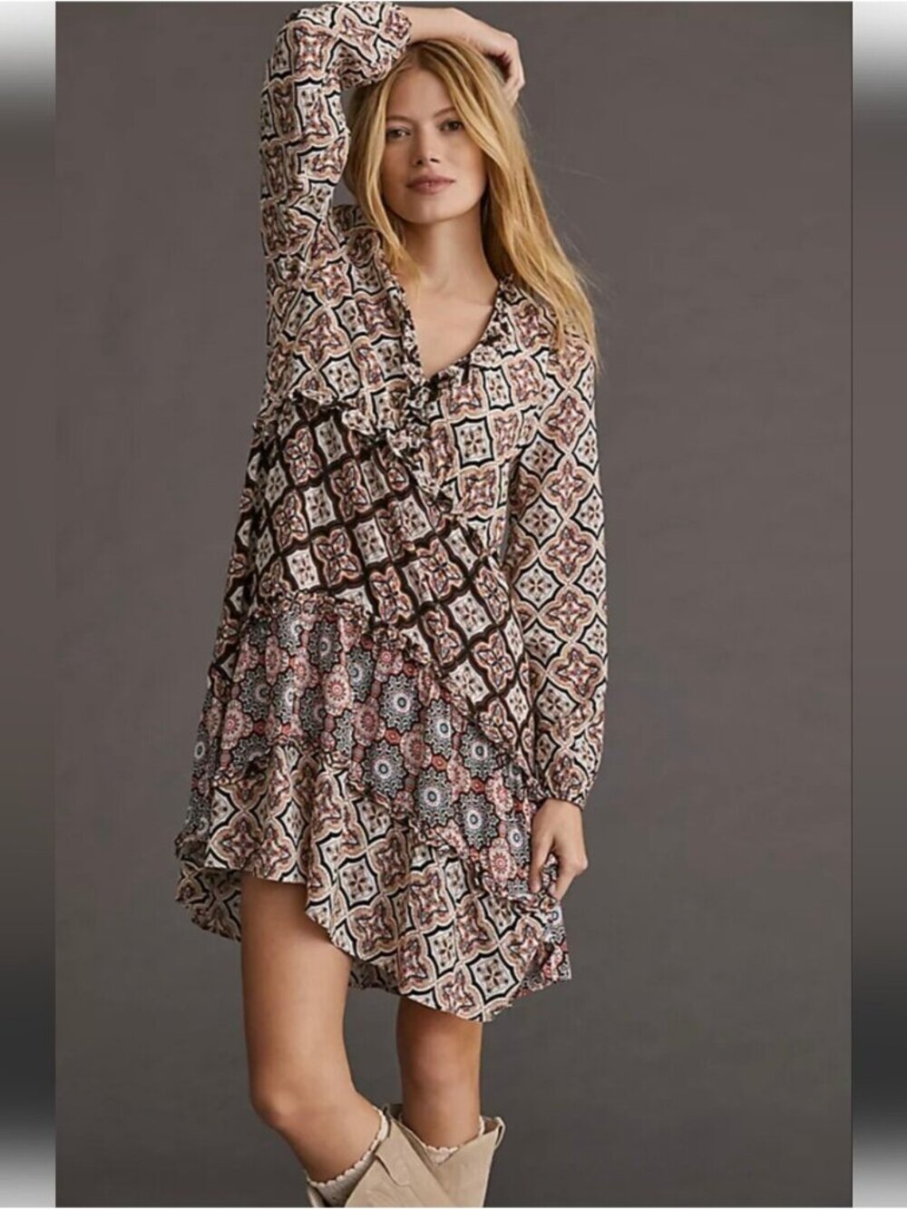 Anthropologie Tiered V-Neck Mini Dress Like new Loose boho Comfy Dress Size  L - Picture 2 of 16